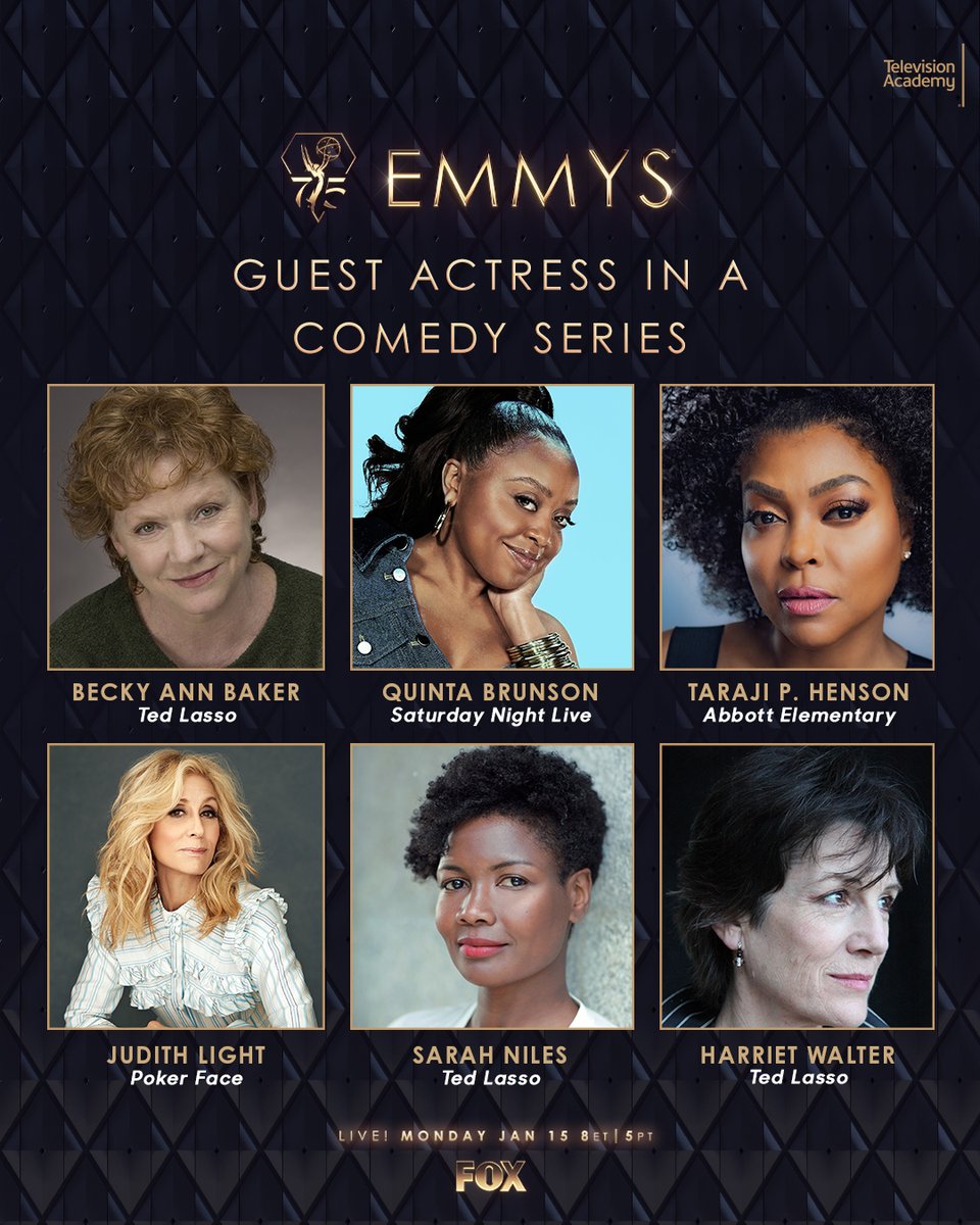 Congratulations, Outstanding Guest Actress in a Comedy Series nominees!✨

#BeckyAnnBaker – <a href="/TedLasso/">Ted Lasso</a>
<a href="/quintab/">Academia Quinta B</a> - <a href="/nbcsnl/">Saturday Night Live - SNL</a>
<a href="/tarajiphenson/">Taraji P. Henson</a> - <a href="/AbbottElemABC/">Abbott Elementary</a>
@judithlight - #PokerFace
<a href="/SarahNilestar/">Sarah Niles</a> - <a href="/TedLasso/">Ted Lasso</a>
#HarrietWalter - <a href="/TedLasso/">Ted Lasso</a>

#75thEmmys #EmmyNoms #Emmys #TelevisionAcademy