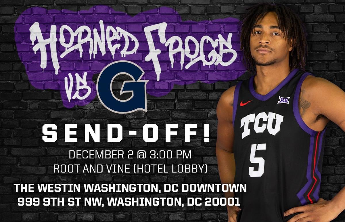 D.C. Horned Frogs! Join us for a send-off TOMORROW at Root and Vine in the hotel lobby at 3 PM before @TCUBasketball takes on Georgetown! 🐸🏀 #GoFrogs #DefendFortDixon