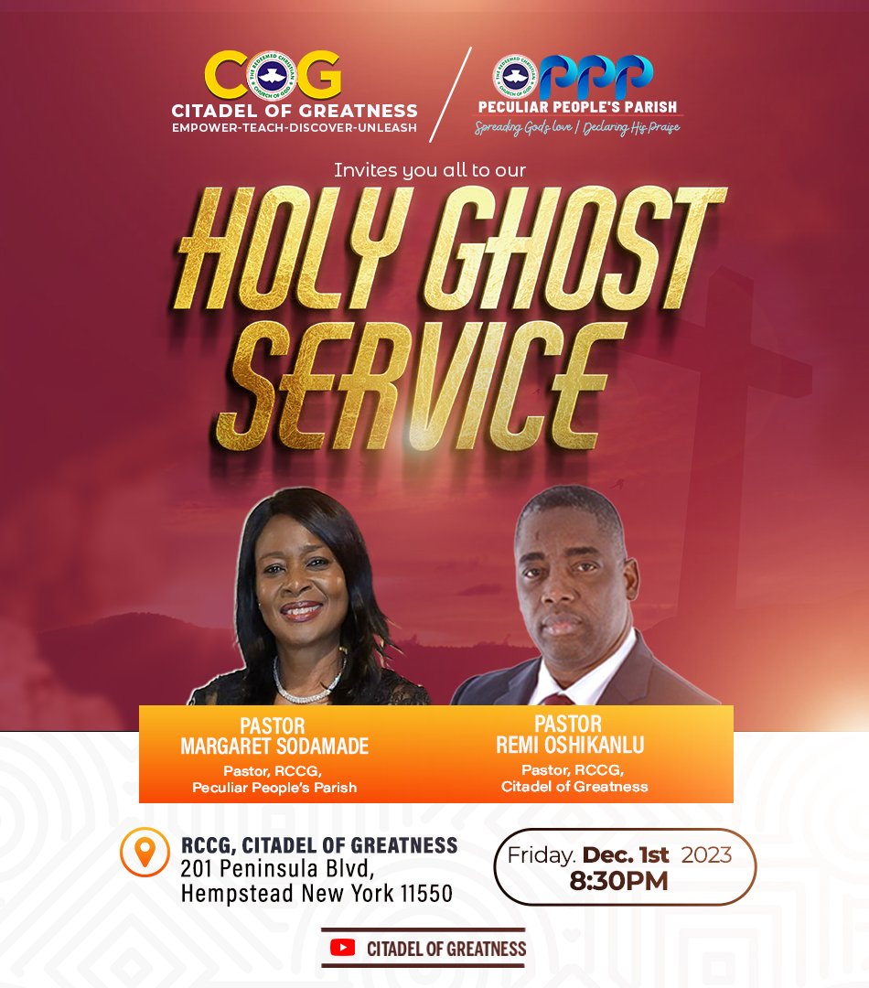 RCCGCOG's tweet photo. Join us tonight for our Holy Ghost Service

#rccg #rccgcog #remi #oshikanlu #jesus #redeem #holyghostservice #december #Hempstead #church #god #christian #belivers #newmonth #hokyghost23 https://t.co/QAsFB6UxrH