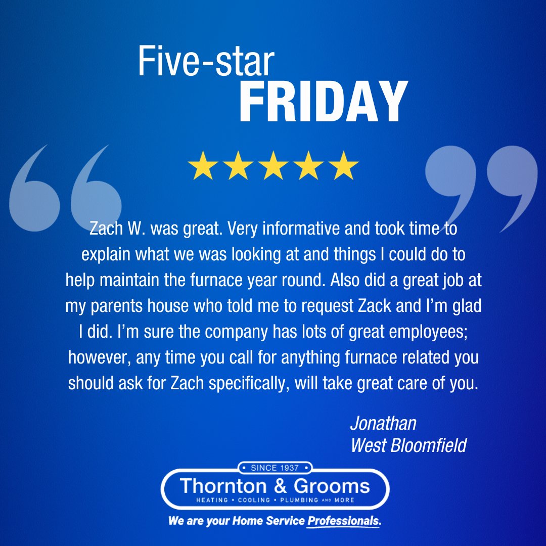⭐It's Five Star Friday⭐

Thanks for the review, Jonathan! Great work to Zach for providing five-star service during a furnace inspection; keep it up!