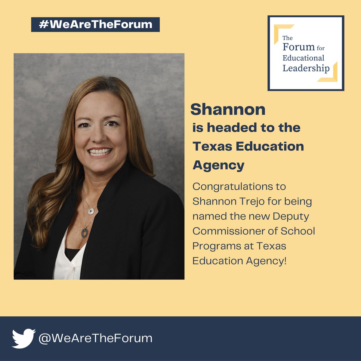 The Forum for Educational Leadership (@wearetheforum) on Twitter photo We are celebrating another #WeAreTheForum alum placement! Congratulations to <a href="/shannontrejo/">Shannon Trejo</a> for stepping into the role of Deputy Commissioner of School Programs at <a href="/Teainfo/">Texas Education Agency</a>! Your dedication and leadership shine through, and we couldn't be more thrilled for you!
#WomenLeadingEd We are celebrating another #WeAreTheForum alum placement! Congratulations to <a href="/shannontrejo/">Shannon Trejo</a> for stepping into the role of Deputy Commissioner of School Programs at <a href="/Teainfo/">Texas Education Agency</a>! Your dedication and leadership shine through, and we couldn't be more thrilled for you!
#WomenLeadingEd