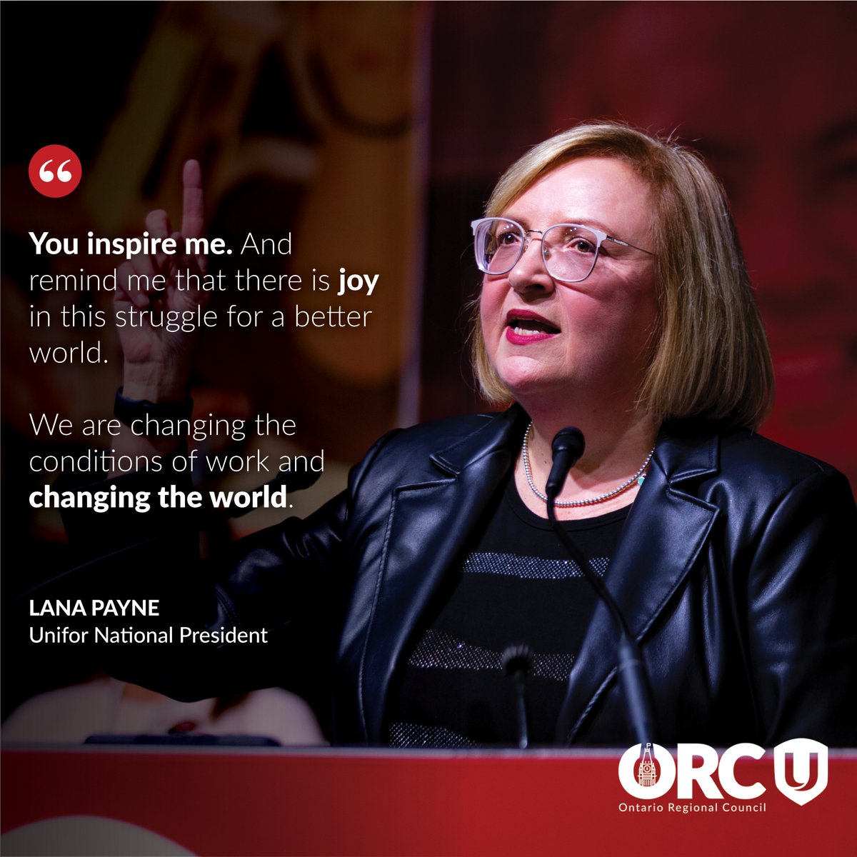 UniforTheUnion's tweet photo. "There is no one better positioned than Unifor to formulate a vision for our future economy that works for workers," says National President, @Lanampayne, in her address to #ORC23 delegates.

"I am so proud to be your president and to fight for and alongside you every single day."