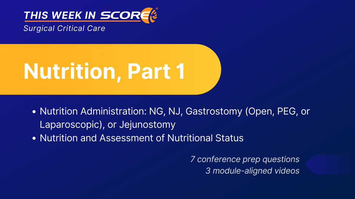 Have you taken this week's #SurgicalCriticalCare quiz covering part 1 of Nutrition? There are 2 module topics, 7 conference prep questions, and 3 module-aligned videos. To take the #TWIS quiz, go to: ow.ly/Zws450QeAfa #CriticalCare #SCC #MedEd #SurgEd