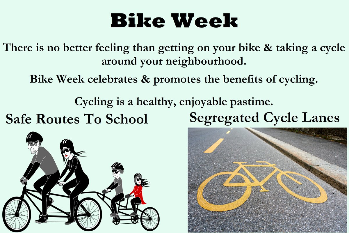 National Bike Week 11th to 19th May 2024 Cycling is fun & gets you out in the fresh air; You save money by leaving the car at home & fewer car journeys reduce pollutants in the atmosphere; Bicycle upkeep, maintenance & repairs are affordable; Seachtain na Rothar