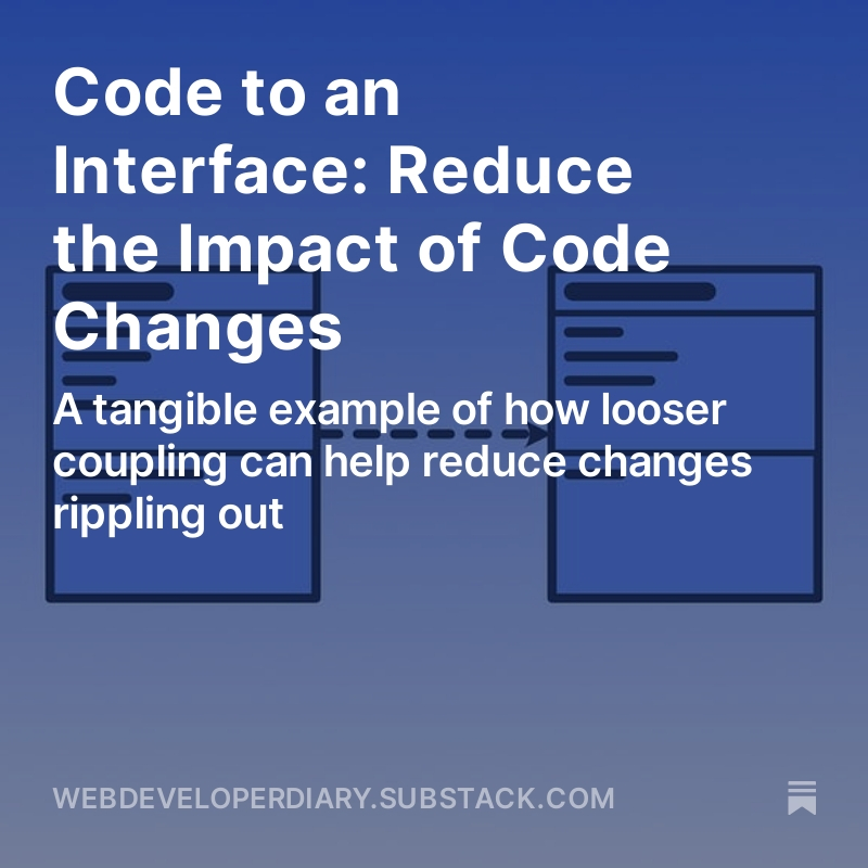 ant_f_dev's tweet photo. Programming to an interface can mean fewer code changes are needed if requirements change.

https://t.co/4ja9BWfSiL https://t.co/ctkGqrCnWb