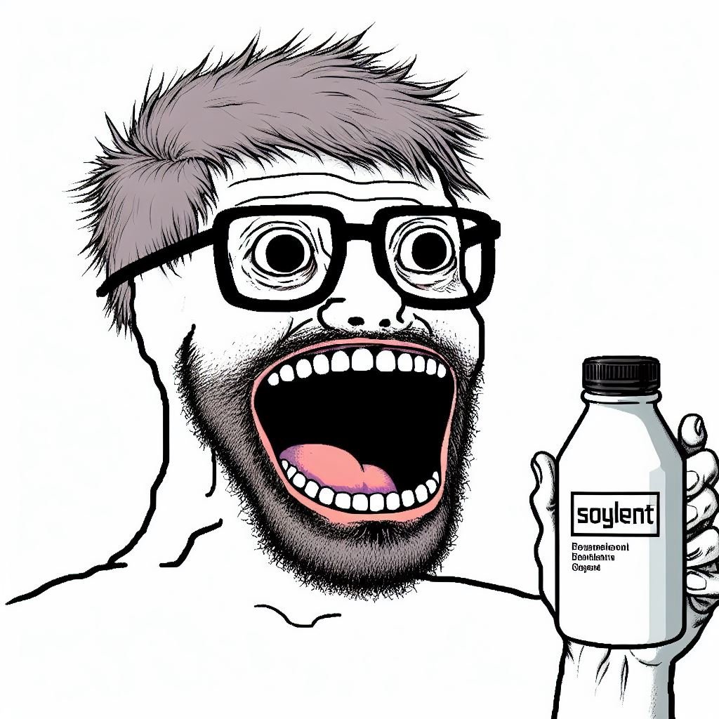 soyjakerc's tweet photo. feels guy wojak in the style of ms paint, badly groomed facial hair, square glasses, open mouth, paper white skin, holding a bottle of soylent, giant gaping mouth, drawn in ms paint https://t.co/ld6NQpVndN
