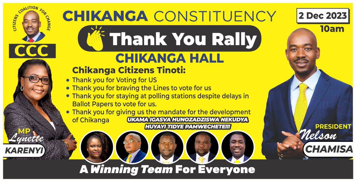 *Special Notice!!!* *Dear Chikanga Citizens* It's very unfortunate to announce that a Thank you rally that was scheduled for Saturday, 2 December 2023 at Chikanga Hall has been cancelled by the police We sincerely regret the inconvenience caused. #ChikangaforEveryone!