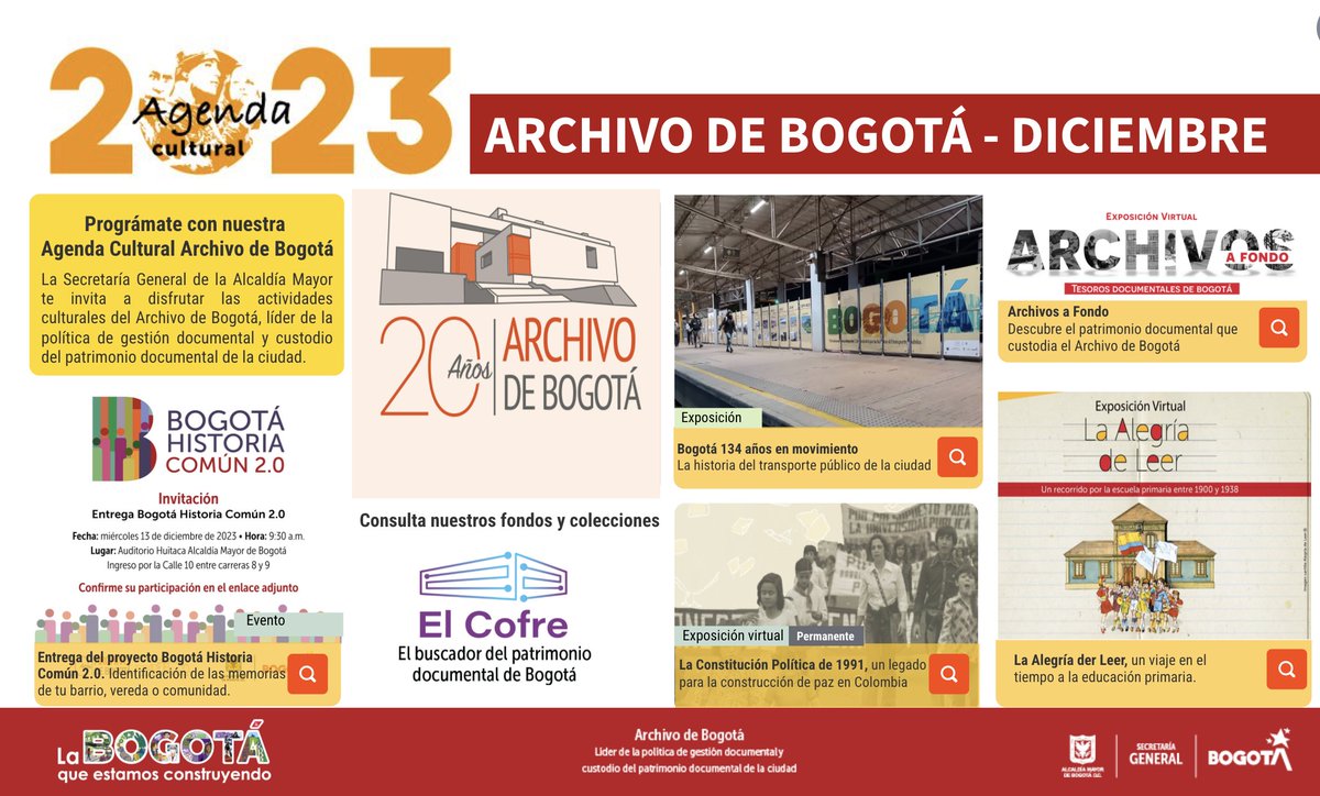 ArchivodeBogota's tweet photo. #AgendaCultural | Conoce y disfruta con tu familia y amigos las actividades culturales que el Archivo de Bogotá tiene para el mes de diciembre👇👇👇
https://t.co/ofCzHFxyqA
#ArchivodeBogotá20Años #Exposiciones #ExposicionesVirtuales #eventos #BHC2
#diciembre https://t.co/XUo8DHRVrH