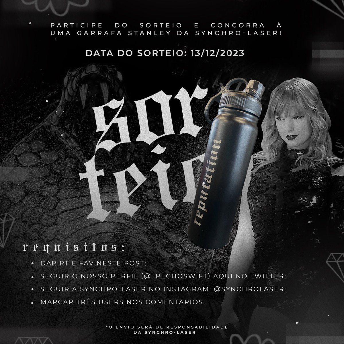 🐍 SORTEIO DE UMA GARRAFA STANLEY DO REPUTATION 🐍 O Trechos uniu-se à Synchro-Laser e decidiu sortear uma garrafa Stanley do Reputation para vocês. 🖤 Requisitos: — Dar retweet e fav neste post; — Seguir o nosso perfil (@trechoswift); — Seguir a Synchro-Laser no Instagram…