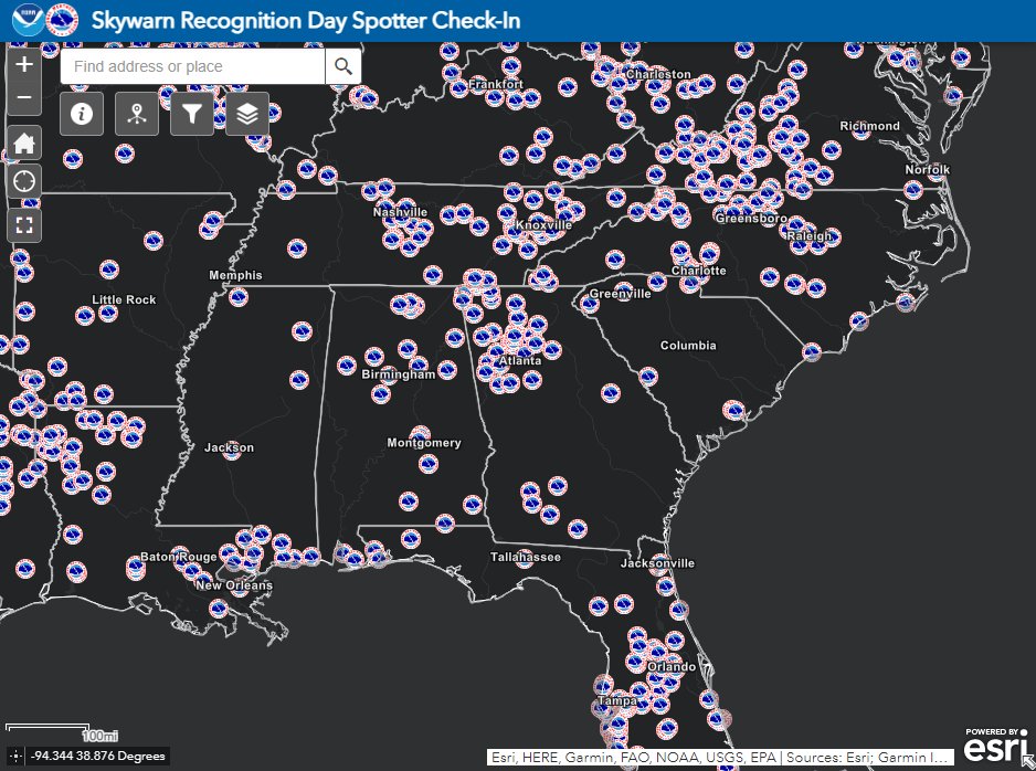 NWSAtlanta's tweet photo. There is still time to check in for #SkywarnRecognitionDay! Enter in your zip code with the form below or check out the map to see where other SKYWARN spotters are across the country! #gawx #Skywarn2023
Form: https://t.co/lFEymp8wYq
Map: https://t.co/eUIyDXdtrZ https://t.co/VSpNDUDtml