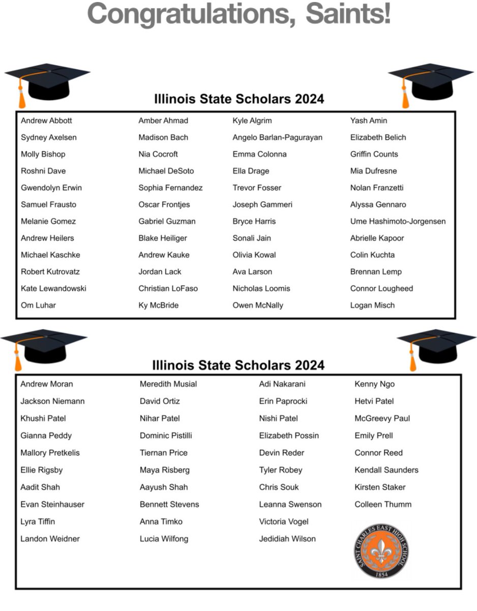 St. Charles East High School is pleased to announce that 86 students from the graduating Class of 2024 have been designated as Illinois State Scholars.  Way to go, Saints!  #AllinSaINts