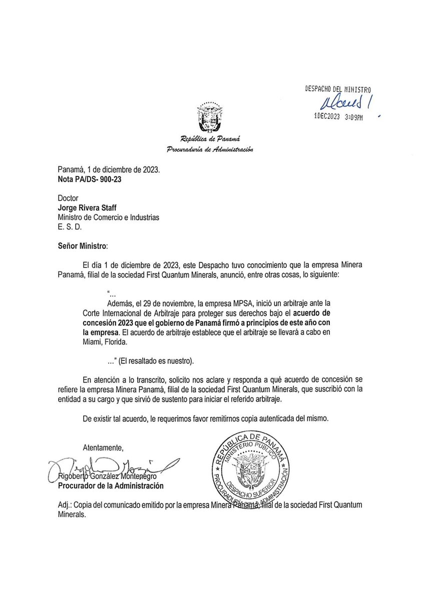 El procurador de la Administración, Rigoberto González, solicitó al ministro de Comercio e Industrias Jorge Rivera Staff, una aclaración sobre el 'acuerdo de concesión' del que se refiere Minera Panamá en el arbitraje internacional contra Panamá.

👉🏻Más detalles sobre esta nota