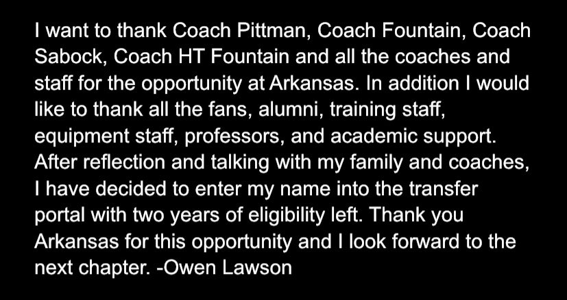 Thank you Arkansas. I will be entering the transfer portal with two years of eligibility left. youtube.com/watch?v=bwaiZp…