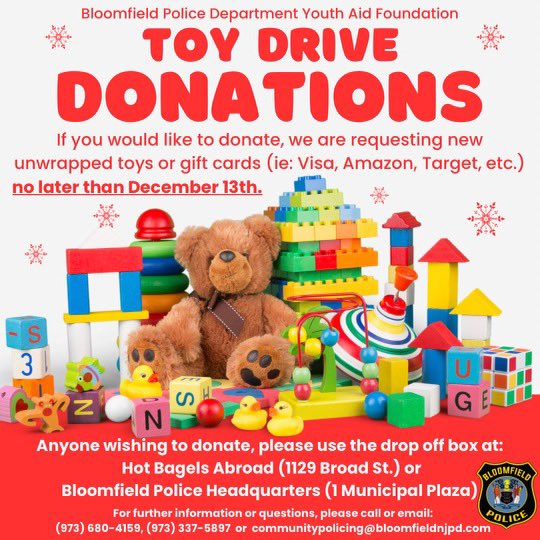 BloomfieldNJPD's tweet photo. Thank you to the students and staff of Bloomfield College of Montclair State University for organizing a toy collection event to support our Toy Drive. There’s still time to donate and/or register. For info, please contact us at communitypolicing@bloomfieldnjpd.com https://t.co/VwuGfnxkKS