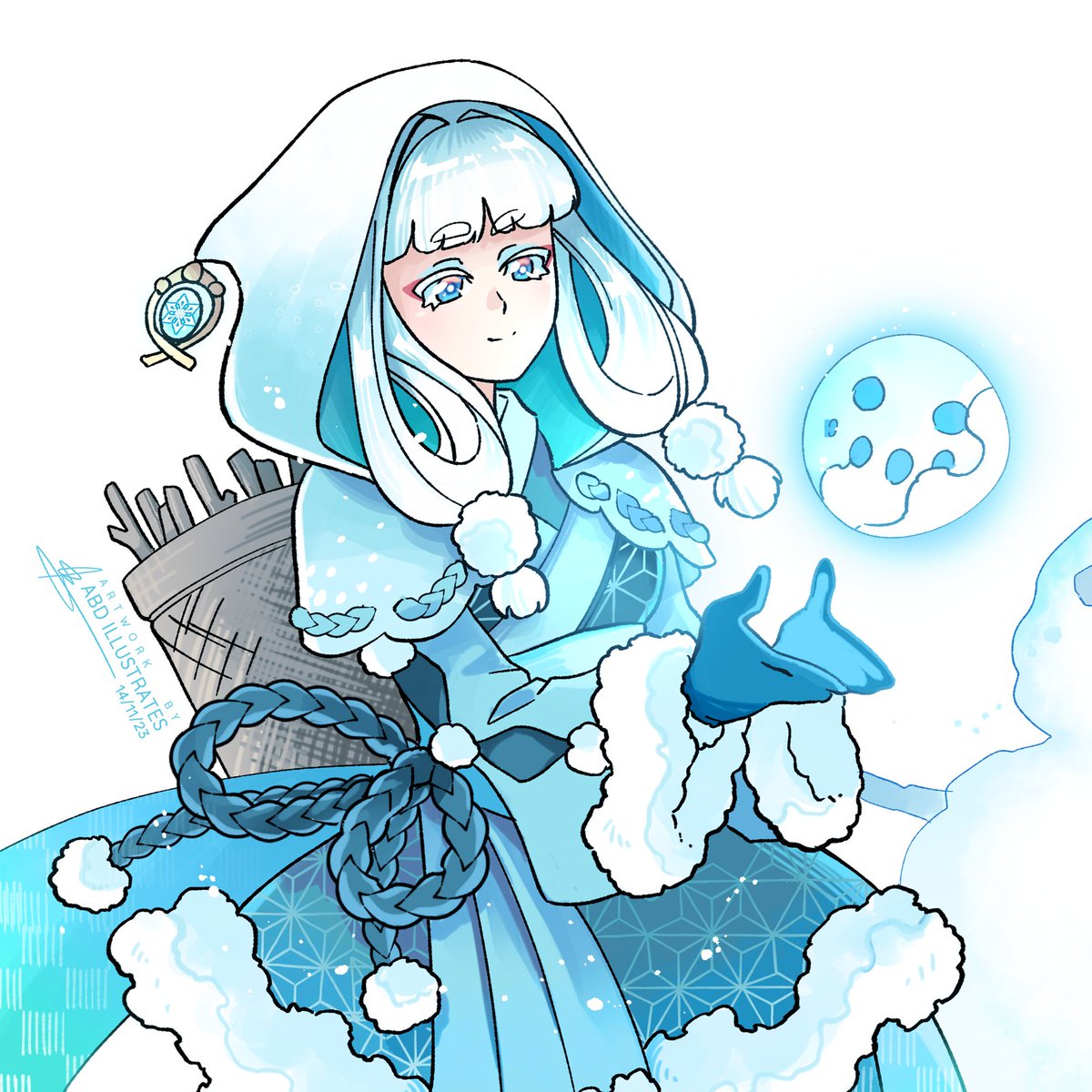 1girl solo gloves smile blue eyes fur trim white hair  illustration images