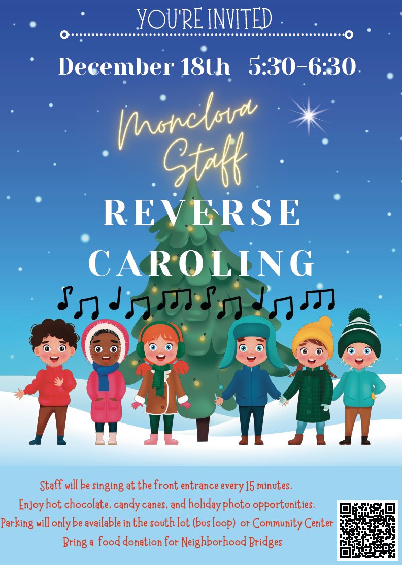 We can't wait to bring this new holiday event to our Monclova families!  Please mark your calendars and plan to join us. It will be music to your ears..............
Scan the QR code for a list of needed food donations.