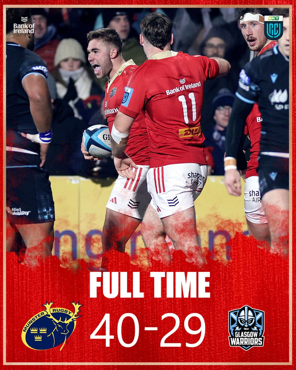 A bonus-point win against the #BKTURC leaders in front of a full house at Musgrave Park 💪

#MUNvGLA #SUAF 🔴