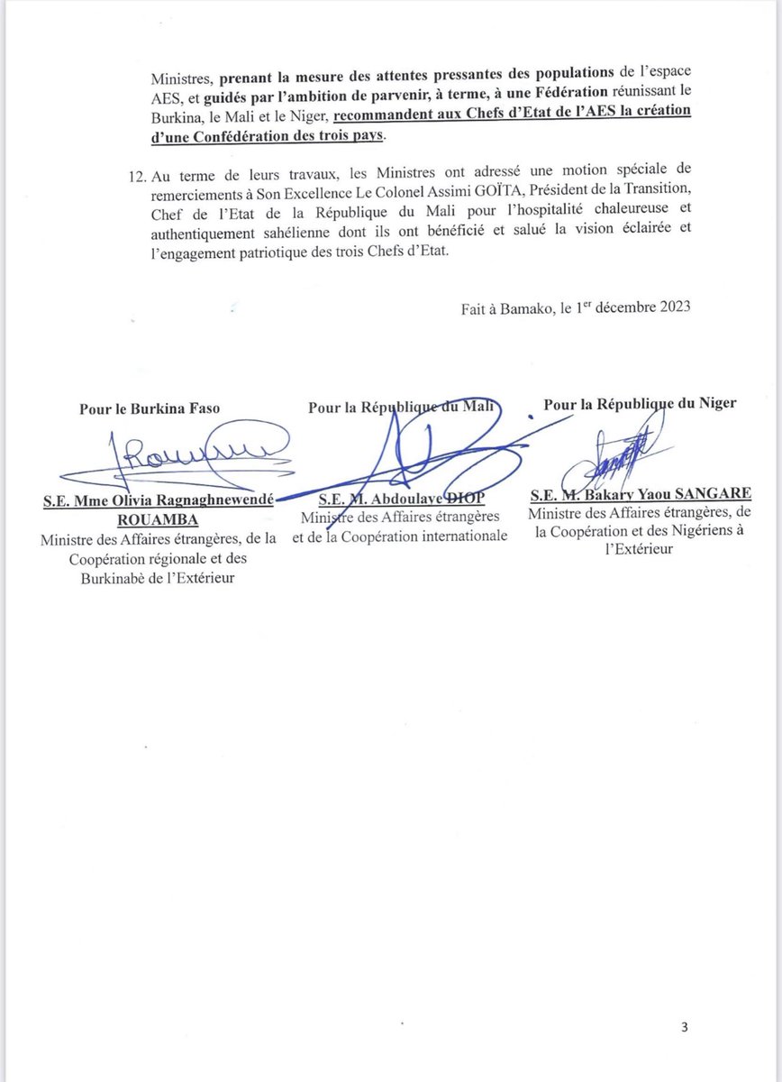 AzizMaigaNMP's tweet photo. Mali 🇲🇱: Déclaration issue de la première réunion des Ministres des Affaires étrangères de l’Alliance des Etats du Sahel, tenue les 30 novembre et 1er décembre 2023 à Bamako. @AzizMaigaNMP https://t.co/OefAm5dy1h