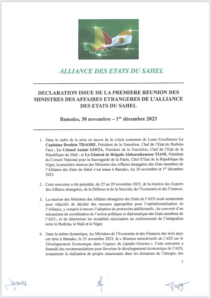 AzizMaigaNMP's tweet photo. Mali 🇲🇱: Déclaration issue de la première réunion des Ministres des Affaires étrangères de l’Alliance des Etats du Sahel, tenue les 30 novembre et 1er décembre 2023 à Bamako. @AzizMaigaNMP https://t.co/OefAm5dy1h