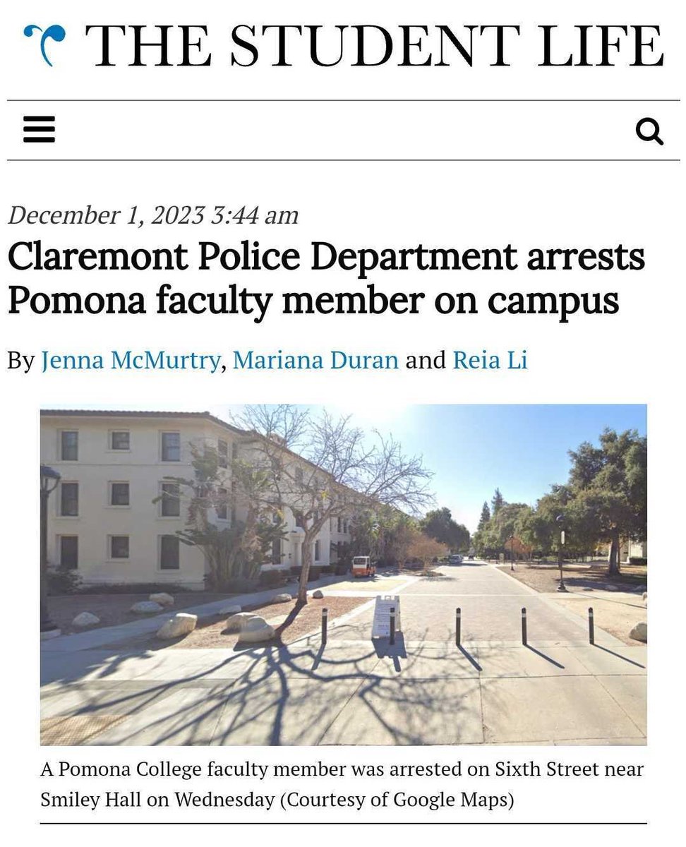 Claremont Colleges student newspaper The Student Life <a href="/TSLnews/">The Student Life</a>  reports on the arrest of Pomona College Chicanx-Latinx Studies faculty member.
tsl.news/claremont-poli…