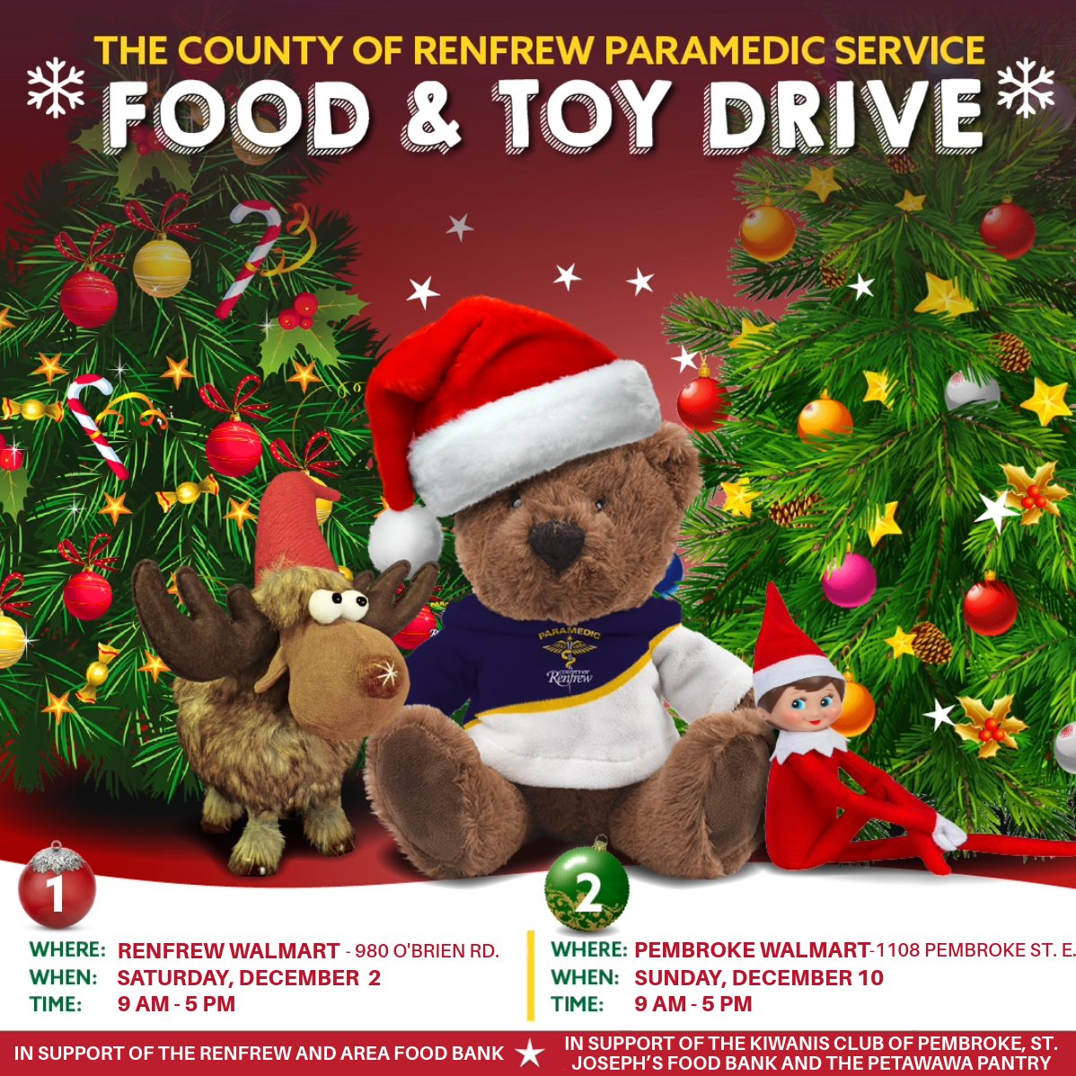 .@RenCtyParamedic hosting annual Food & Toy Drive in support of local organizations that assist families across Renfrew County. Paramedics will be set up at Renfrew Walmart Saturday, Dec 2 9am-5pm and again Pembroke Walmart on Sunday, Dec 10 9am-5pm. Money, food & toys accepted!