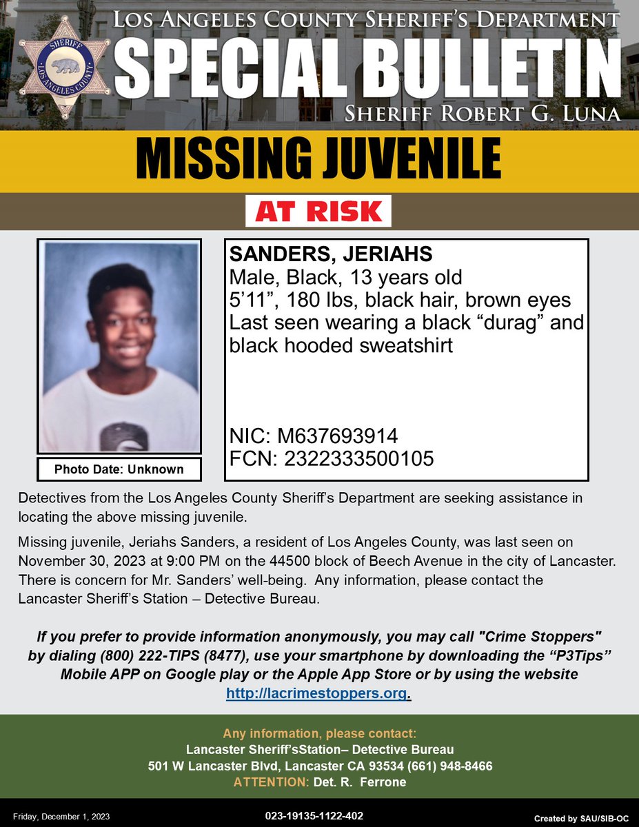LASDHQ's tweet image. #LASD is Asking for the Public&apos;s Help Locating Critical Missing Juvenile, Jeriahs Sanders #Lancaster 
local.nixle.com/alert/10447829/