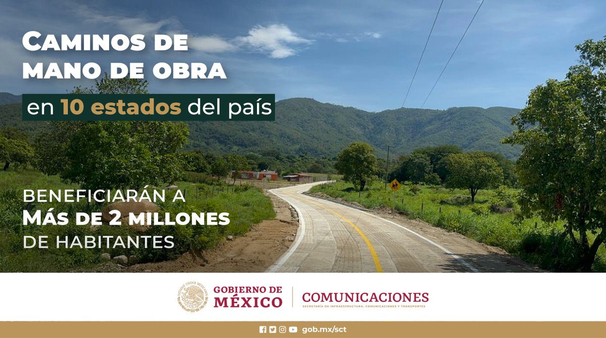 #ObraSICT
En la #SICT trabajamos en la construcciónd de 417 caminos de #ManoDeObra en 10 estados del país: Oaxaca, Guerrero, Chihuahua, Hidalgo, Sonora, Tlaxcala, Veracruz, Durango, Nayarit y Puebla.
Nuestra meta es crear #InfraestructuraQueMejoraOportunidades para todas y todos.