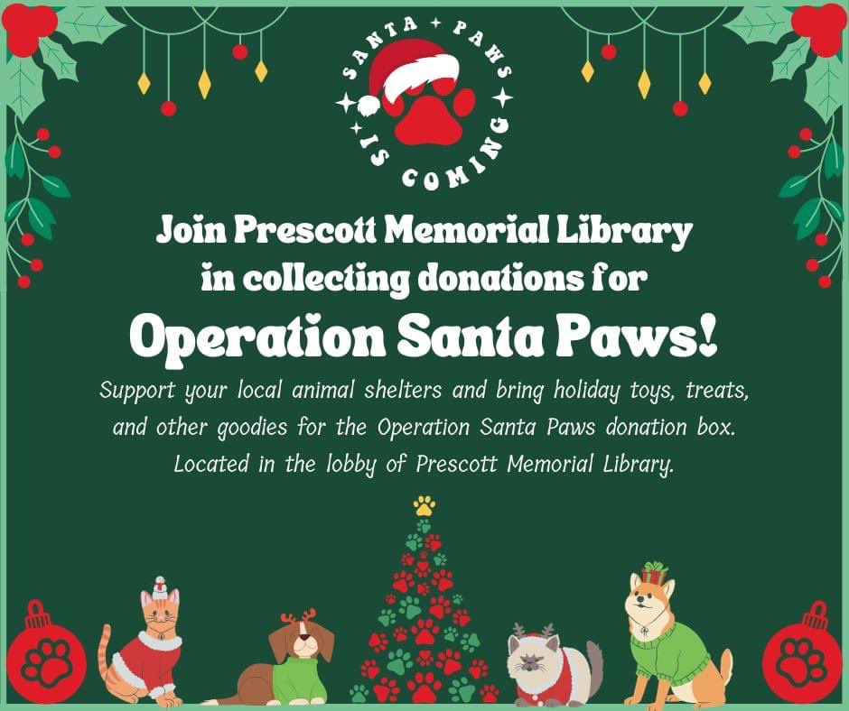 LaTechPrescott's tweet photo. Santa Paws is coming to town! This holiday season, Prescott Memorial Library is participating in Operation Santa Paws, in an effort to provide local shelters with items necessary for the wellbeing of their animals. Please consider supporting local shelter animals with a donation! https://t.co/qXzAVjOtwE
