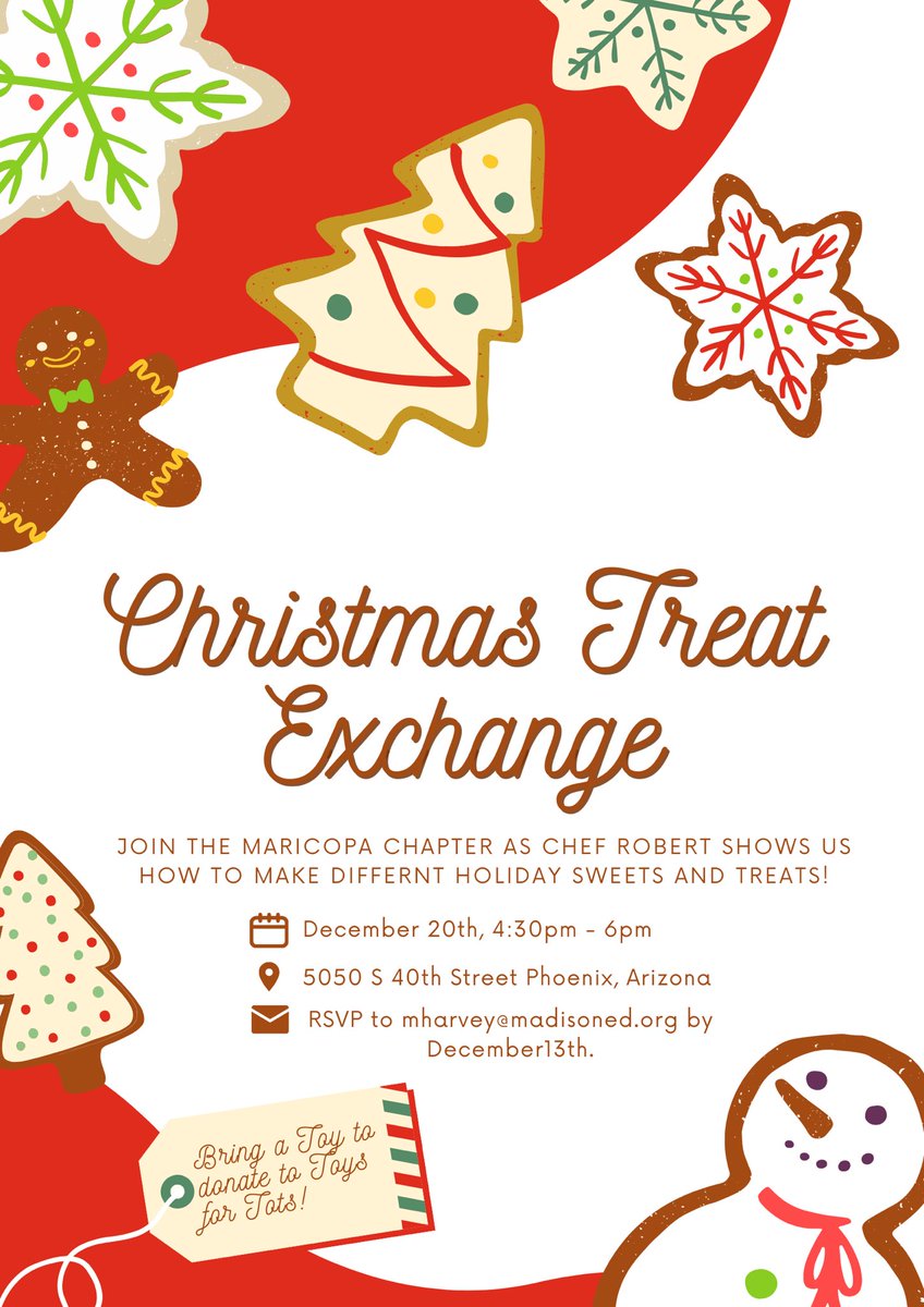 Maricopa Chapter: Please join us on December 20th from 4:30-6:00 pm! 🎄

Chef Robert Simmerlink will be teaching some new recipes and techniques that will impress! The event is FREE and you will receive 1.5 hrs of CEUs. 

Please RSVP by December 13th to mharvey@madisoned.org
