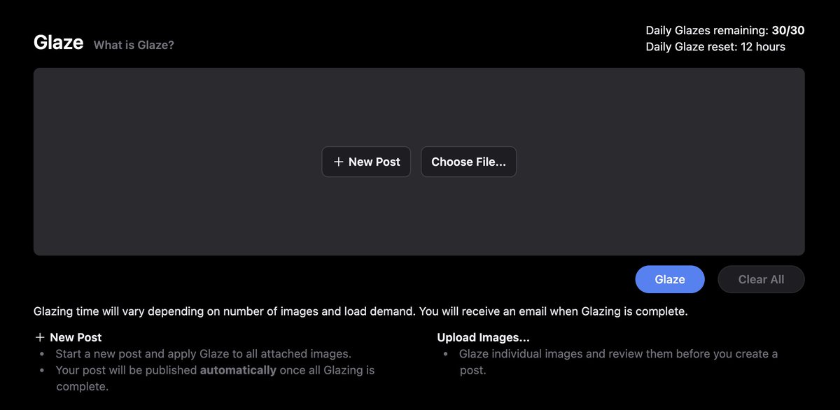 zemotion's tweet photo. The result is Cara Glaze! ✨ 
A dashboard where artists can Glaze their work in one place:

- Create new posts that apply Glaze automatically
- Upload multiple images, and download the Glazed versions as needed 
5/ https://t.co/boK9sdySnr