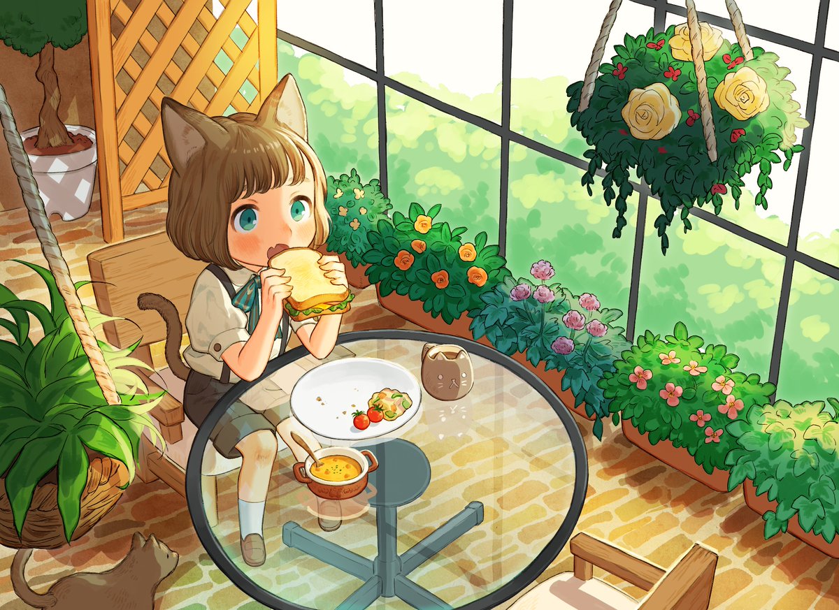 1girl solo sitting green eyes brown hair headphones cup  illustration images