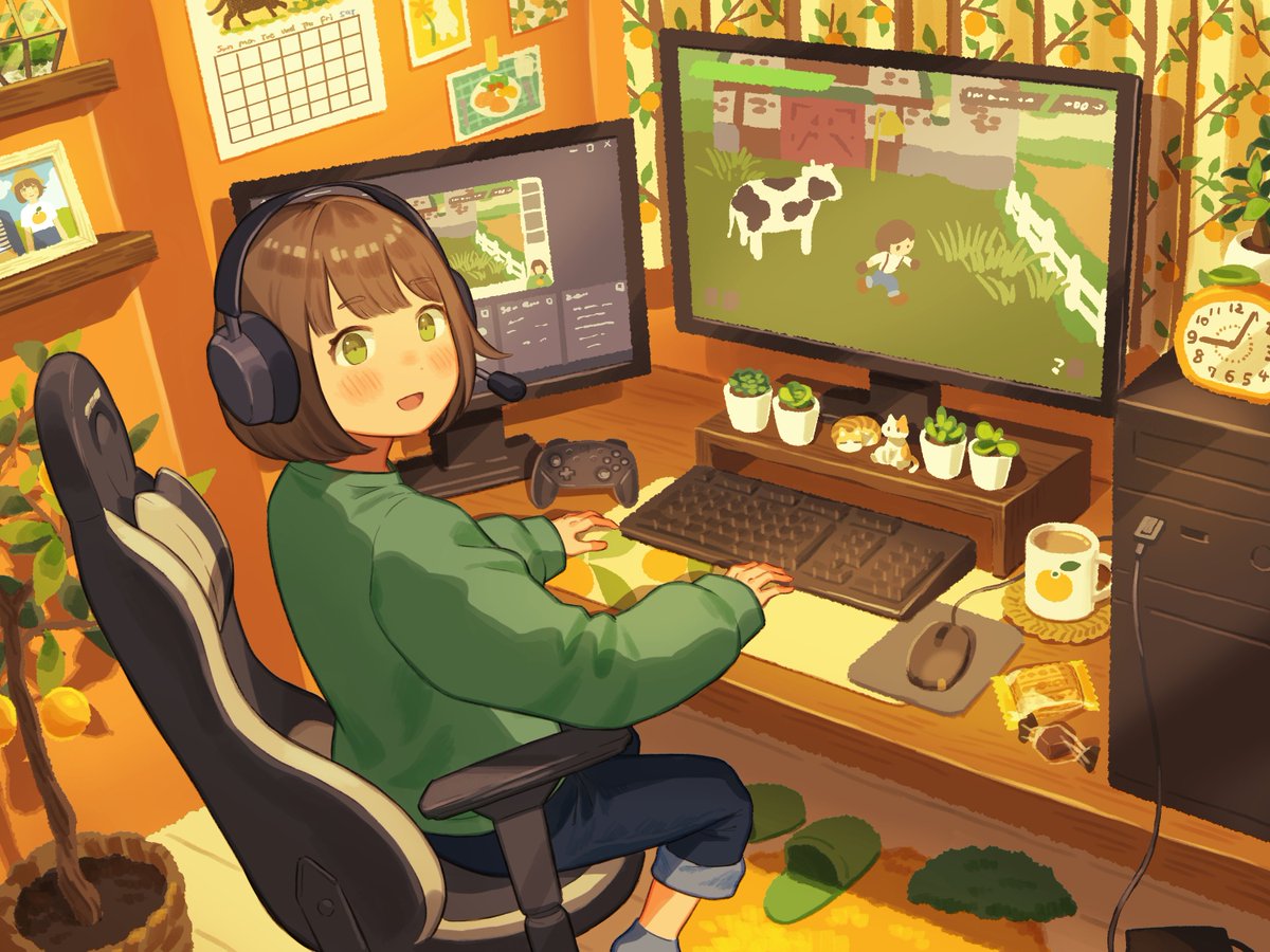 1girl solo sitting green eyes brown hair headphones cup  illustration images