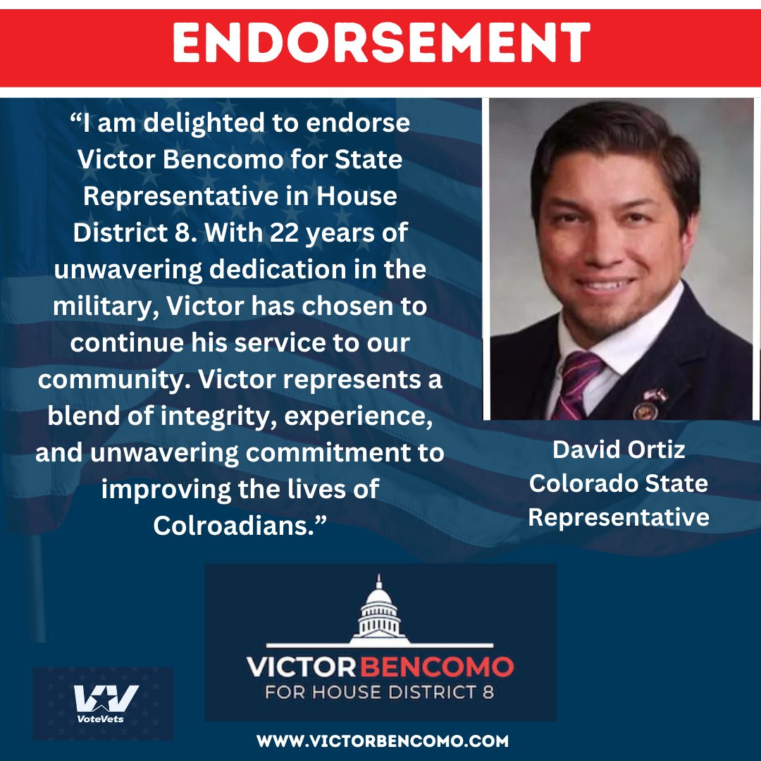 Thank you, Colorado State Representative David Ortiz, for your endorsement.  As a fellow service member, I am committed to joining the fight to make Colorado a better place for all people.   
#Colorado   #copolitics  #Vote  #EndGunViolence  <a href="/DavidDOrtizCO/">David Ortiz</a>