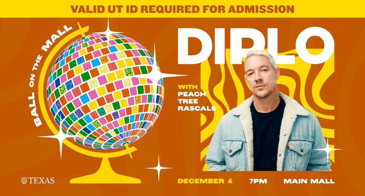 Students, get ready for @Diplo!

Admission is free with a valid UT identification card, and your valid UT ID is required for admission (photos of ID card will not be accepted). Capacity is limited and wristbands will be given out on a first-come, first-served basis. Visit