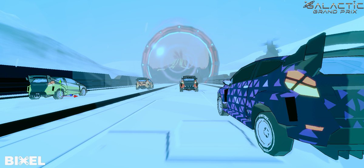 Four uniquely designed vehicles race towards a portal, heading for the fiery challenges of the Volcano level. Each racer, a work of art, speeds through the frozen beauty. <a href="/bixelgamedev/">Bixel Game Studio</a> #GalacticGP #indiegame #ScreenshotSaturday #indieracers 🏁🏎️🏆