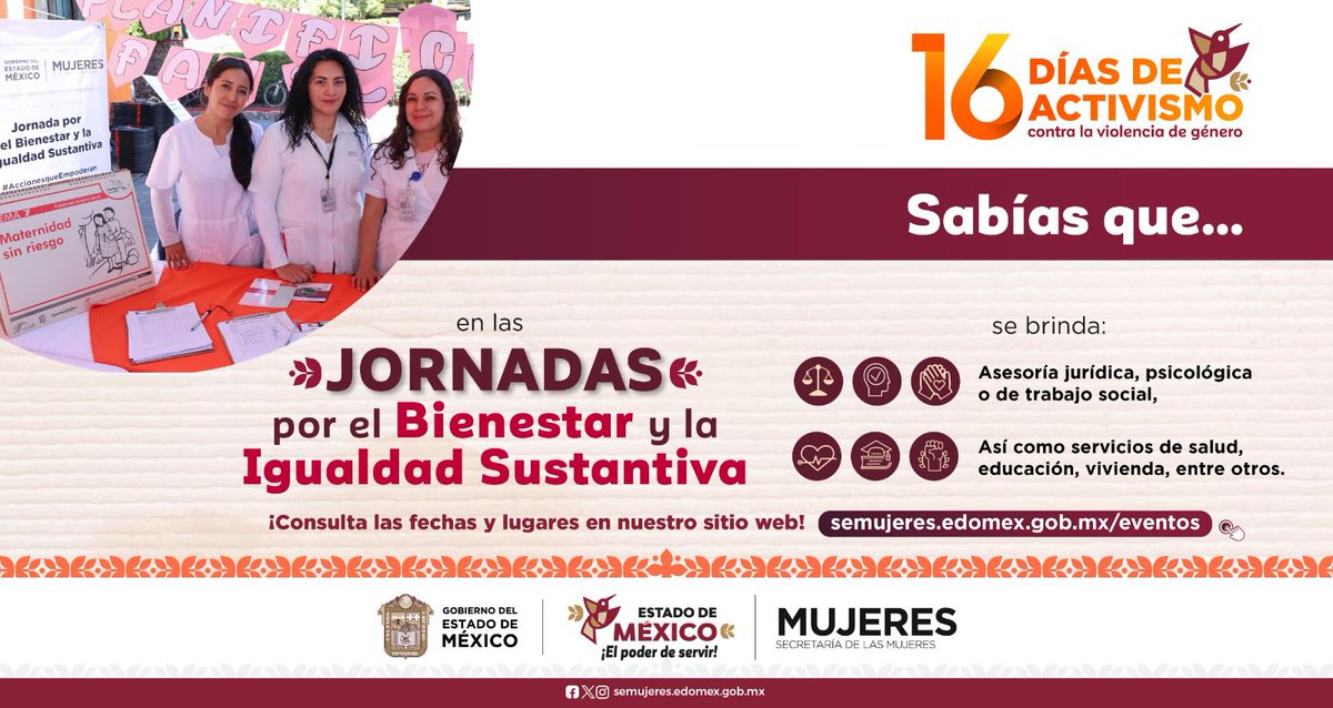 El Gobierno del Estado de México te invita a las Jornadas por el Bienestar y la Igualdad Sustantiva en los módulos que están localizados en los diferentes municipios de la entidad.
#ElPoderDeServir