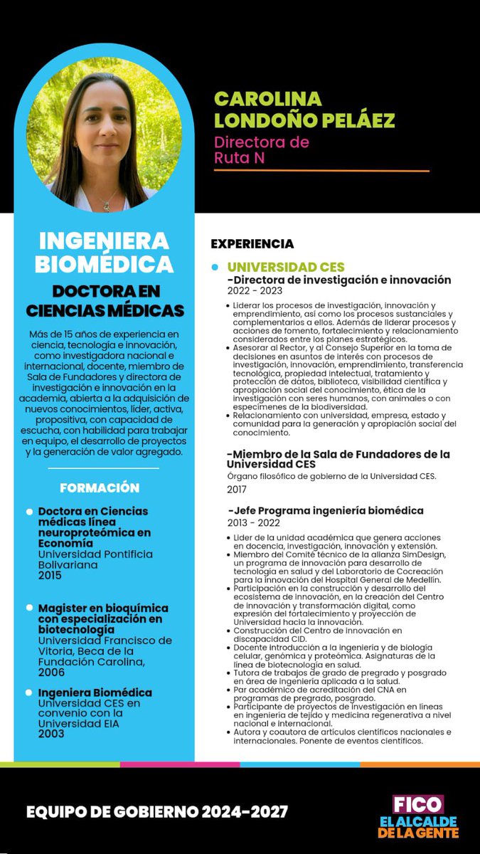 Propondré a la nueva Junta Directiva de <a href="/Ruta_N/">Ruta N</a> a Carolina Londoño Peláez  como Directora de la entidad. Una mujer brillante, ingeniera biomédica y doctora en ciencias médicas. Gran docente, investigadora, ser humano y mamá. Tiene 17 años de experiencia en temas de ciencia,