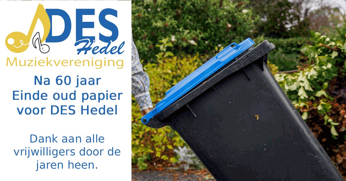 Zaterdag 2 december 2023 zal de allerlaatste keer zijn dat DES het oud papier ophaalt. DES gaat op zoek om het gat in de begroting van 30% te dichten. Een vereniging van 125 jaren jong gaat die uitdaging aan. Maar eerst een grote dank voor 60 jaar inzet van vele vrijwilligers.