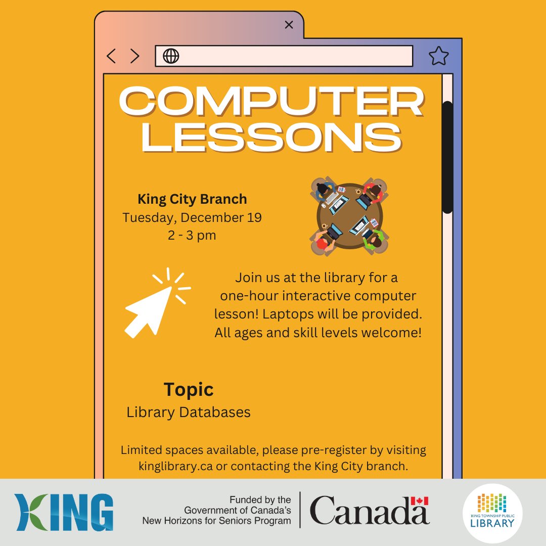 KingLibraries's tweet image. Join us on December 19th to learn all about our Library Databases - you can read old newspapers, research a new car, get health advice and be ready for your next travel adventure!
#ComputerLessons #LibraryDatabase #KingLibraries #KingTownship