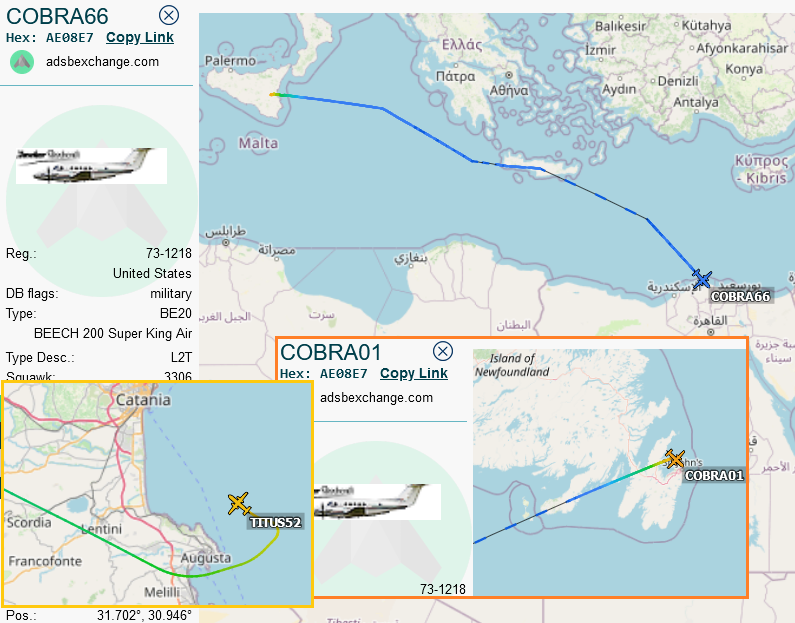 SirListenalot's tweet photo. Today #C12 #AE08E7 #COBRA66 left Sigonella for Cairo. Previously it showed as #TITUS52, even as #COBRA01 (although calling "Titus52"). Probably US Embassy Cairo replacement. https://t.co/kaklqHkxTN