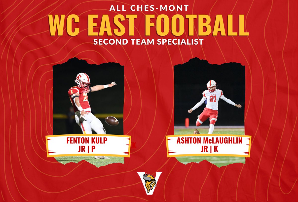 Congrats to our ChesMont American 2nd Team recipients. #vikingpride #riseasONE QB- @DerosaNate , Jr. OL- Mike Murphy, Sr P- @FentonKulp5, Jr K- @AshtonM71437723, Jr @WCEVikings @FugettFootball @WestChesterASD @SportsByBLinder @EPAFootball @PaFootballNews @CaryMoyer @PRZPAvic