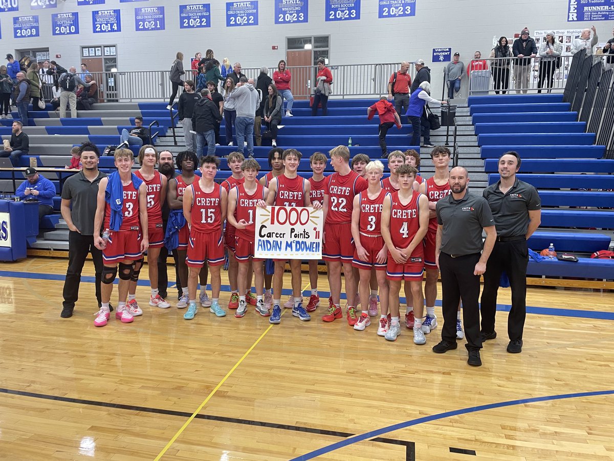 Crete celebrates Aidan McDowell’s 1000th career point. He ends with 35 in the 74-52 win at Bennington. #nebpreps