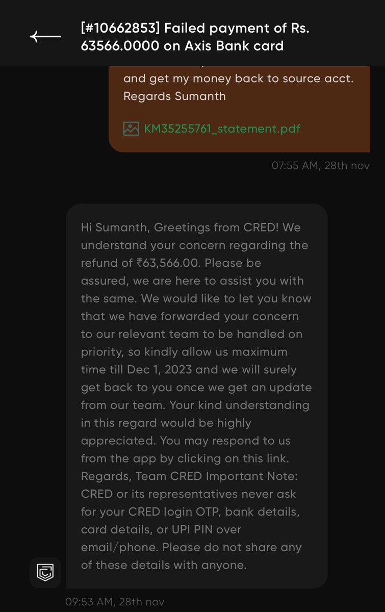 itsmee_Maddy's tweet photo. @CRED_club  Ticket # 10662853, it’s been 10 days am waiting for amt to be refund.
 CRED team please take it as a priority. Tried to reach customer support &amp; all of them have promised that refund will b initiated.
committed dates (24,27,30/11 &amp; 1/12) provided my statement as well https://t.co/osbfpCsdkM