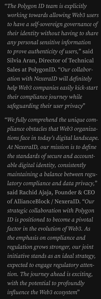 bigbagz30k's tweet image. You can pay attention, or sleep.

...&quot;To address these concerns and facilitate regulatory requirements, #NexeraID and #PolygonID have joined forces on a mission to simplify compliance for the Web3 space&quot;...

$Nxra $matic $cheq $Id $kilt $iota #did #vc #zkp #RulesEngine