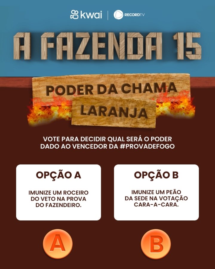 othanosbr's tweet photo. As duas opções do poder laranja, já estão disponíveis.
#FestaAFazenda
#PoderDaChama
#ProvaDeFogo
#AFazenda
#AFazenda15
Reprodução 📸
@KwaiBrasil
@recordtvoficial https://t.co/jO6CTWL5VU