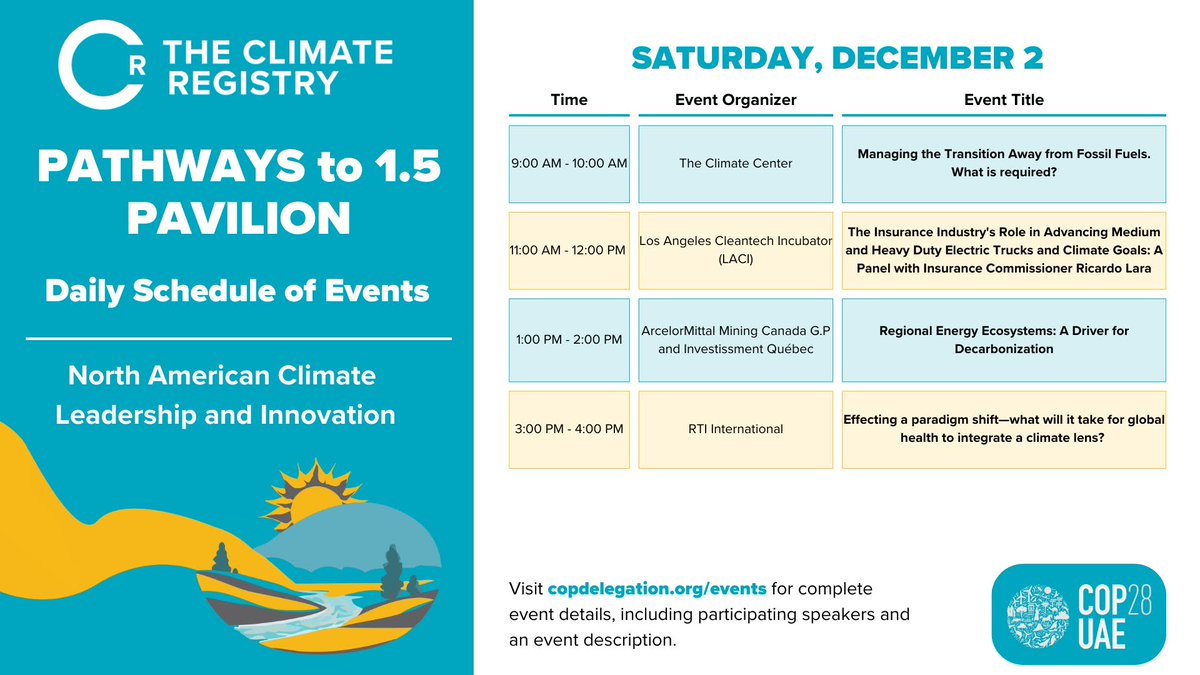 Check out our Pathways to 1.5 pavilion schedule for the day! Please visit loom.ly/EUdDTzY for full session details.

Thank you to our session hosts: 
<a href="/climatecampaign/">The Climate Center</a> <a href="/laincubator/">LACl</a> @investquebec <a href="/RTI_Intl/">RTI International</a>