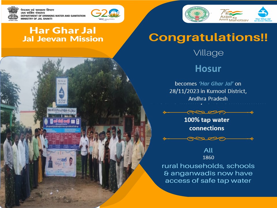 Congratulations to all the people of Hosur Village of Kurnool district, Andhra Pradesh State for becoming #HarGharJal with safe tap water to all 1860 rural households, schools & anganwadis under #JalJeevanMission as on 28-11-2023.