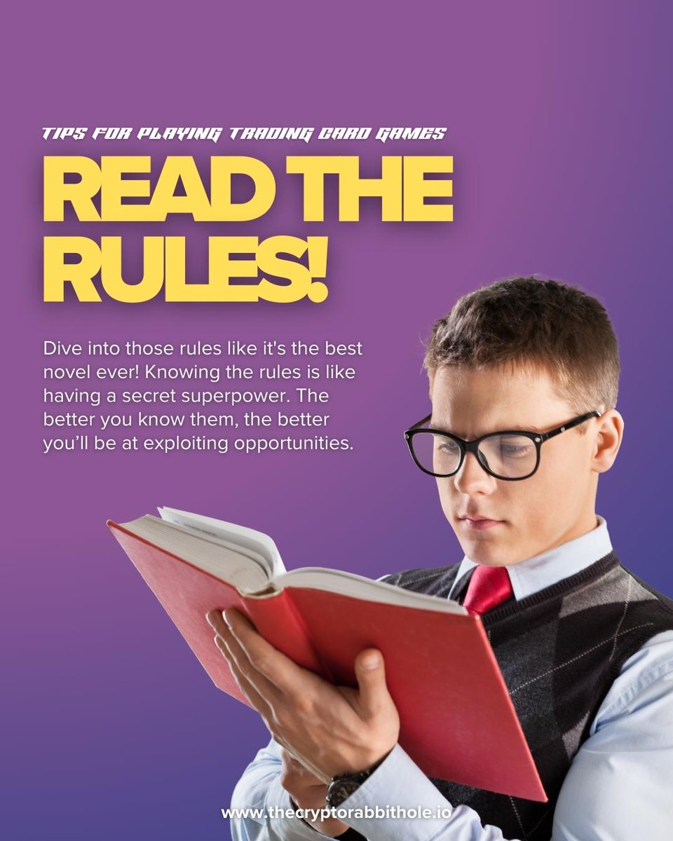 CryptoRabbitTCG's tweet photo. Tips for playing trading card games: Read the Rules!
Dive into the rules! Knowing the rules is like having a secret weapon. The better you know them, the better you’ll be at exploiting opportunities.
Join our Discord server: https://t.co/M7MqI2Utrn
#TCGTips #GamingStrategy https://t.co/C8xWBIp59g