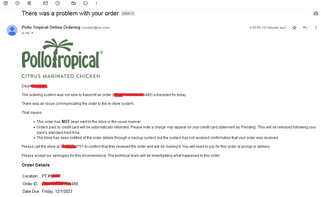 WlknDisaster's tweet photo. @pollotropical Got this message while I was in the restaurant waiting for my order. The system ate my order and my birthday reward. 😩 https://t.co/ABjUP7VJbc