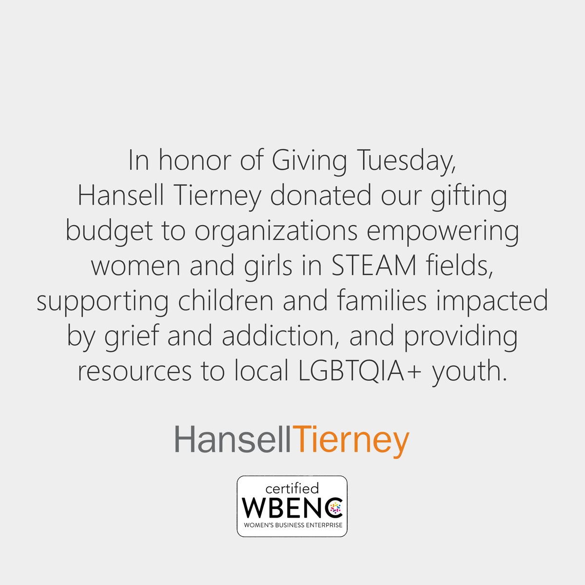 HansellTierney's tweet photo. In honor of #GivingTuesday, this week, Hansell Tierney donated our gifting budget to organizations empowering girls and women in #STEAM fields, providing resources to LGBTQIA+ youth in the greater Puget Sound area, and supporting families impacted by grief or addiction. https://t.co/QE6Z1un7BQ